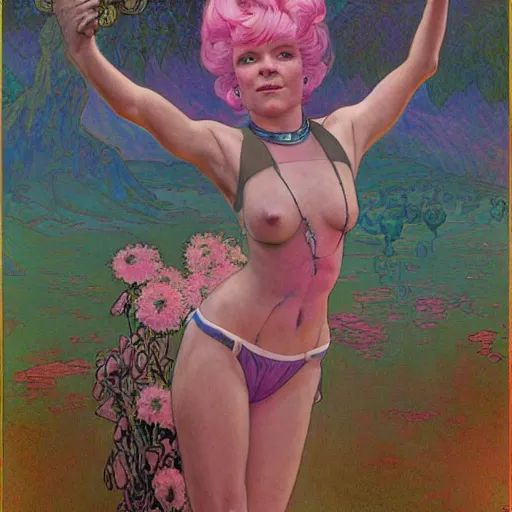 Image similar to Richard Nixon with pink pixie haircut drawn by Donato Giancola and Jon Foster, frank frazetta, alphonse mucha, background by James Jean and gustav klimt, 4k, volumetric lighting, trending on artstation, hyperrealistic