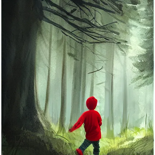 Image similar to boy in red is knocking the front door of a cabine in a forest, detailed, strong lighting, very conherent, by campion, pascale, trending on artstation