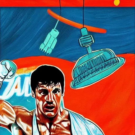 Image similar to rocky balboa on mars, boxing martians, high detailed, vivid colors, photorealistic, poster,