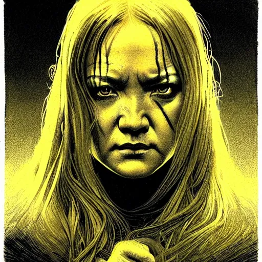 Image similar to portrait soft light, by frank mccarthy and killian eng and joe fenton, inspired by kill bill, yellow only, etching and airbrush, fine, sharp high detail