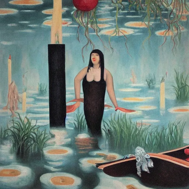 Prompt: tall female artist holding art supplies in her flooded kitchen, pomegranates, octopus, water gushing from ceiling, painting of flood waters inside an artist's apartment, a river flooding indoors, candles, ikebana, zen, rapids, waterfall, black swans, canoe, berries, acrylic on canvas, surrealist, by magritte and monet