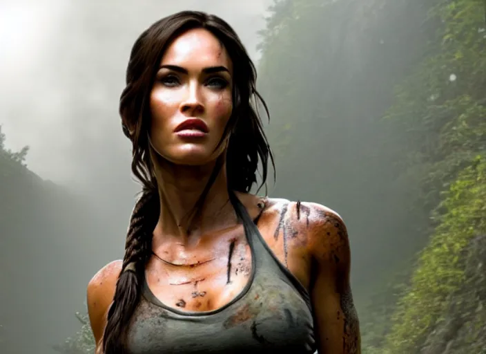 Prompt: film still of!!!! megan fox!!! as lara croft in new tomb raider movie, 8 k