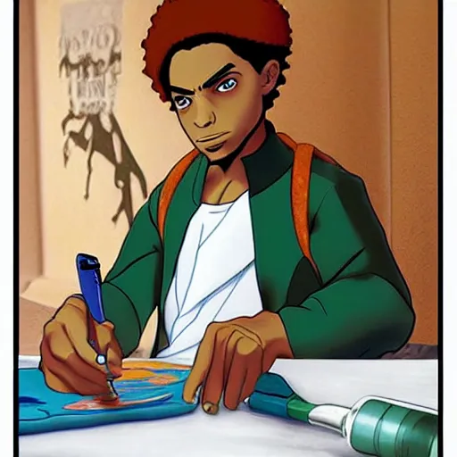 Prompt: Huey freeman (from the boondocks) painting Leonardo DaVinci