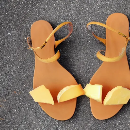 Image similar to high quality photo of sandals made of cheese, realism, 8k, award winning photo