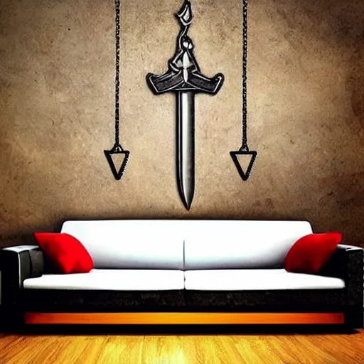 Prompt: sword of justice hanging on a wall