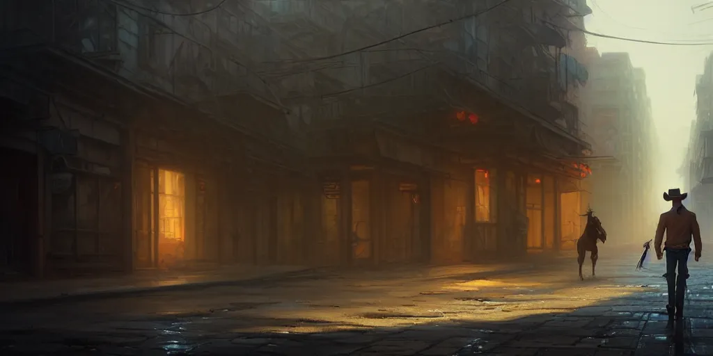 Prompt: a solo cowboy walking in an abandoned city street, cinematic, volumetric moody lighting, highly detailed, digital painting, artstation, concept art, matte, sharp focus, illustration, art by artgerm and greg rutkowski and alphonse mucha