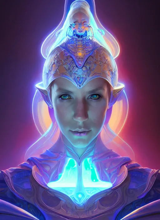 Image similar to a machine elf faceless glowing liquefied stardust adventurer, dnd fantasy character, full body portrait, glowing neon skin, magical aura, ultra realistic, intricate, elegant, highly detailed, digital painting, artstation, smooth, sharp, focus, illustration, art by artgerm and greg rutkowski and alphonse mucha and dan mumford, sacred geometry