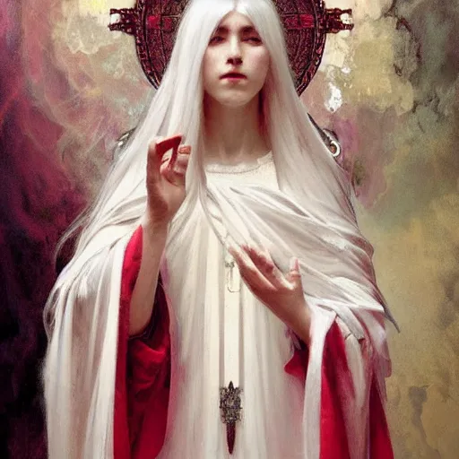 Image similar to portrait of a beautiful ethereal delicate meditative catholic bishopric sacred pose catholic steps of the cross, white hair with big black and red horn, intricate, elegant, highly detailed, digital painting, artstation, concept art, smooth focus et sharp, illustration, art by krenz cushart and artem demura and alphonse mucha