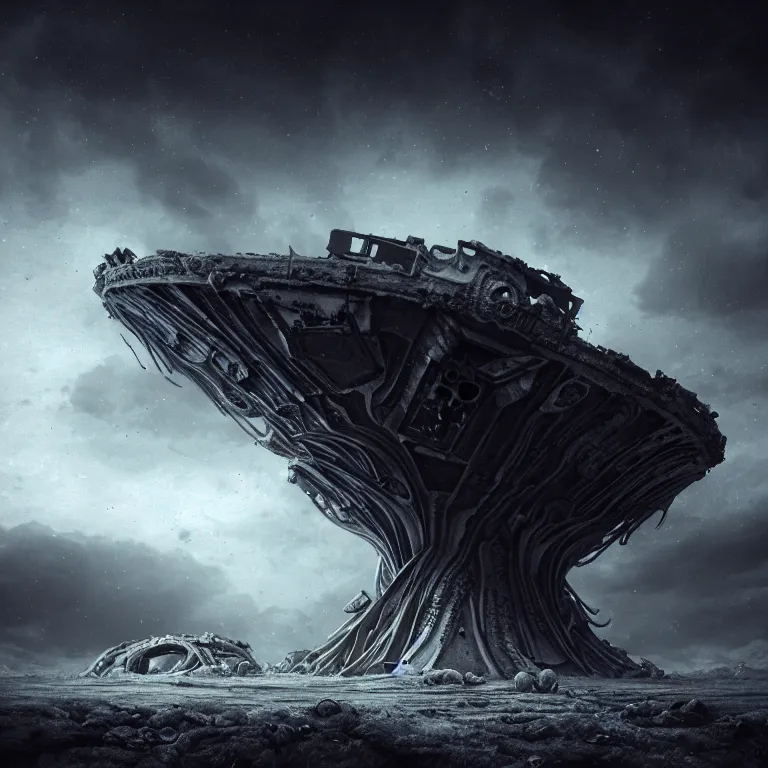 Image similar to landscape abandoned alien structure on exoplanet, wrecked technology, dark clouds, surreal abandoned buildings, dream-like heavy atmosphere, baroque painting, beautiful detailed intricate insanely detailed octane render trending on Artstation, 8K artistic photography, photorealistic, dramatic volumetric cinematic light, chiaroscuro, award-winning photograph, masterpiece, Raphael, Caravaggio, Beksinski, Giger