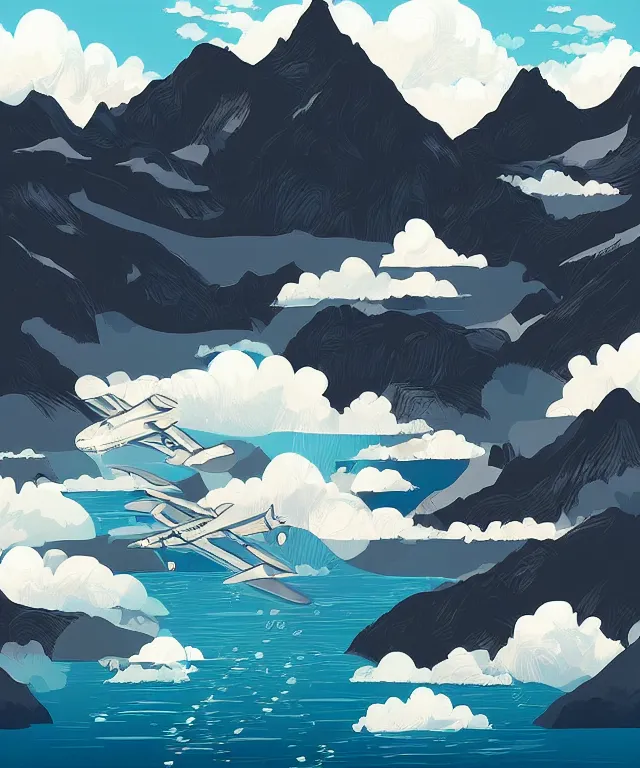 Prompt: airplane mountain water by dongkyu lim illustration vector digital art trending on artstation