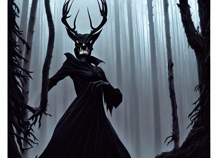 Image similar to style artgerm, joshua middleton, diego fazio, gerald brom : : scary wendigo with antlers and skull face mixed with werewolf : : [ beautiful witch wearing a black dress, symmetrical face, on the right side ] : : in the forest, detailed, dark and foggy, cinematic lighting