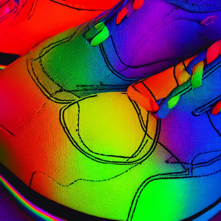 Image similar to photography of a realistic rainbow color air force sneaker, ultra detailed, 8 k, black background, trending on artstation