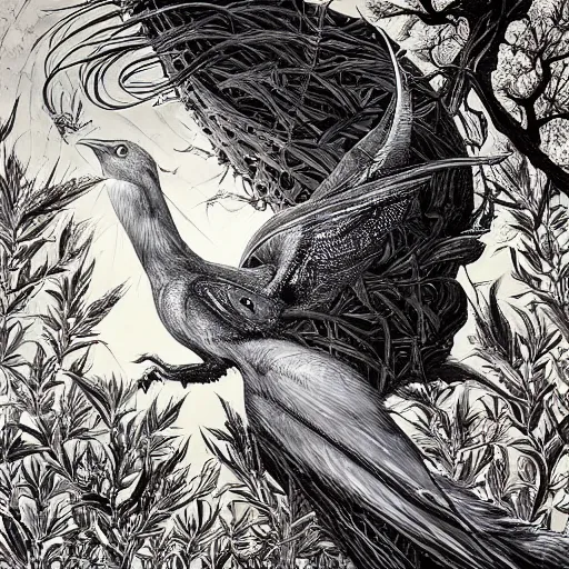 Image similar to white crow bringing rabbit leg to a witch by Android Jones and M. C. Escher collaboration, futurist, digital art, dramatic lighting