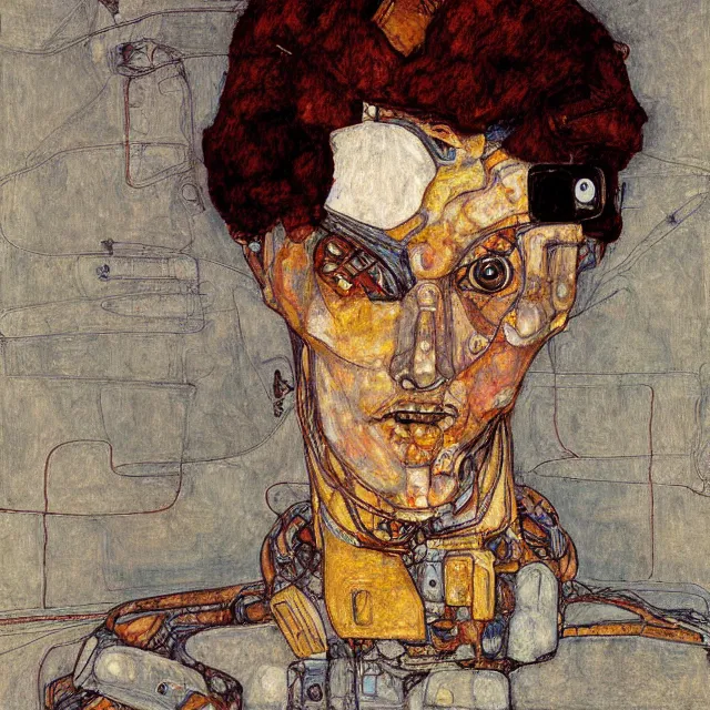 Image similar to portrait of a robot by egon schiele in the style of greg rutkowski