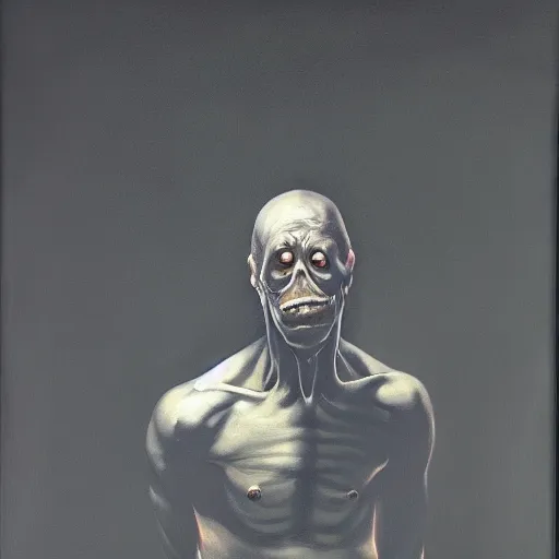 Prompt: oil painting black background extreme chiaroscuro by christian rex van minnen of a portrait of an extremely bizarre disturbing mutated man with proteus syndrome shiny bulbous tumor intense chiaroscuro lighting perfect composition