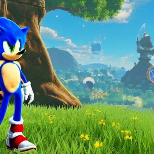 Image similar to sonic, the hedgehog, in breath of the wild