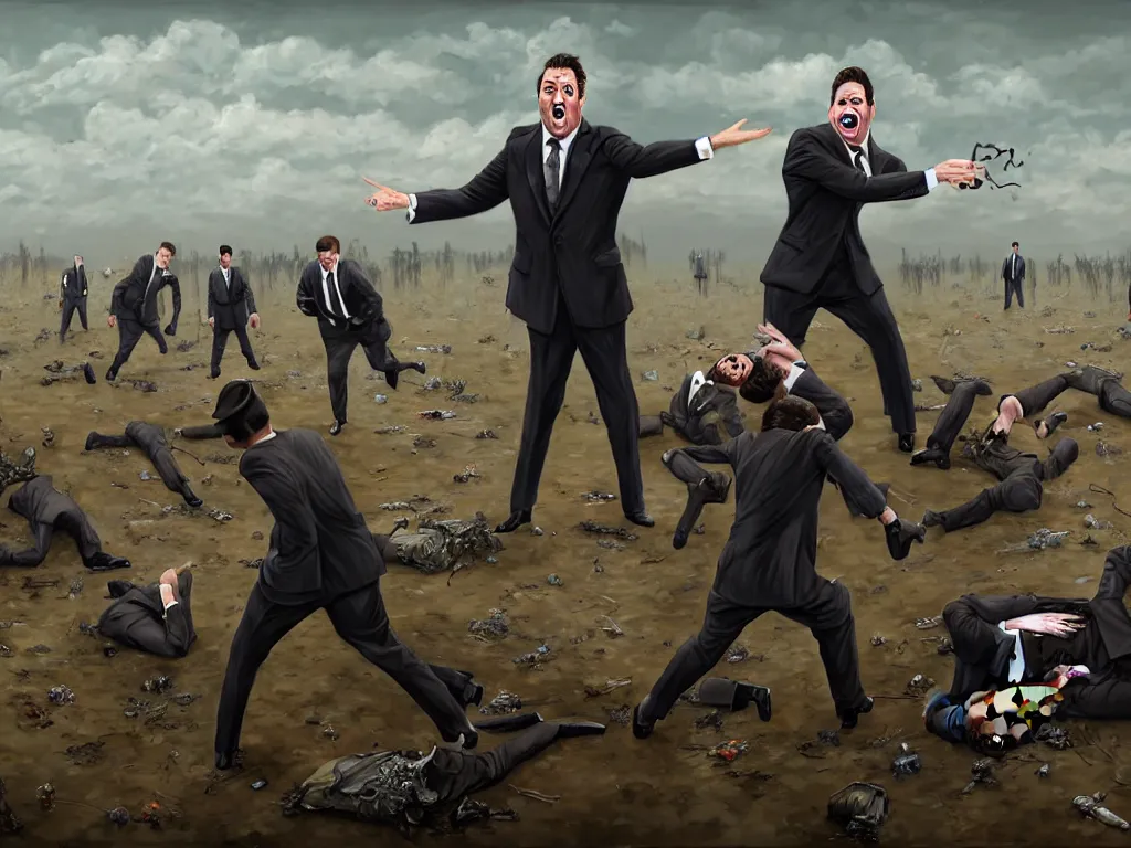 Image similar to one Comedian in suit and tie performing in a battle-field with dead bodies on the ground, comedian is funny, performing to dead soldiers, nuclear bomb in far horizon, apocalypse, trending on artstation, artstationHD, hyperdetailed matte painting, highly detailed, digital painting, hyper-realistic, realistic, photo-realistic