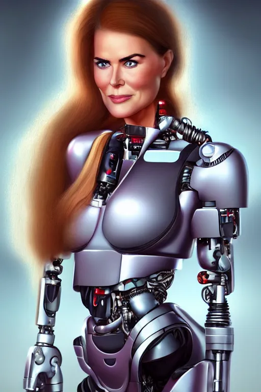 Image similar to mix of beautiful young maria shriver, mariel hemmingway, brooke shields, nicole kidman and elle macpherson as a cyborg terminator, thin lips, hair tied up in a pony tail, dark blonde hair, colorful, artstation, cgsociety