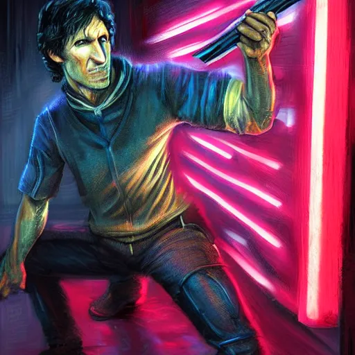 Image similar to todd howard with a switchblade in a alleyway, forcing you to buy skyrim, threatening, sharp, colorful, digital art, neon, bright, realism, bold