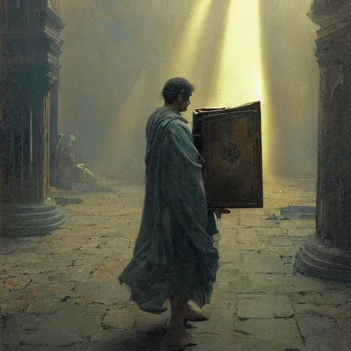 Image similar to half portait of magican wearing a closed cowl with big old book!, jeremy mann, jean leon gerome, tiepolo, alphonse mucha, greg rutkowski, ( ( ruins of ancient rome ) ), at dusk, mysterious atmosphere, sunrays, dof, masterpiece, high detailed, 8 k