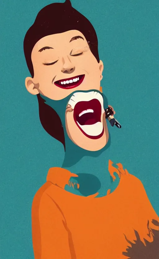 Image similar to illustration with a woman laughing out loud, standup, comedy, joke, painting by tom whalen, funny meme photo, trending on behance, digital illustration, storybook illustration, grainy texture, flat shading, vector art, airbrush, pastel, watercolor, poster