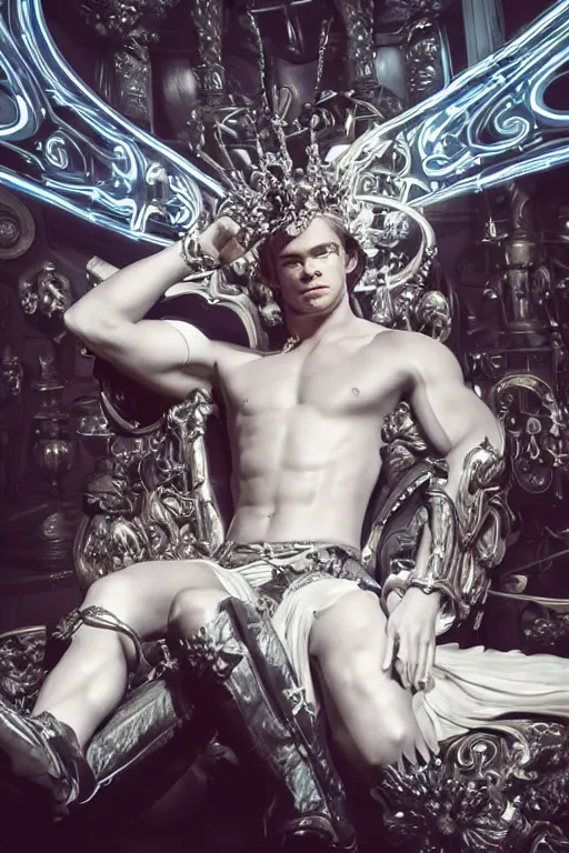 Prompt: full-body rococo and cyberpunk style neon statue of a young attractive Chris Hemsworth macho dotado e rico android sim roupa reclining con las piernas abertas e la piroca dura, glowing white lasers, glowing eyes, silver prince crown, silver steampunk gears, white diamonds, swirling mint-colored silk fabric. futuristic elements. ethereal white dripping tar. full-length view. space robots. human skulls. large white balloon animals. intricate artwork by caravaggio. Trending on artstation, octane render, cinematic lighting from the right, hyper realism, octane render, 8k, depth of field, 3D