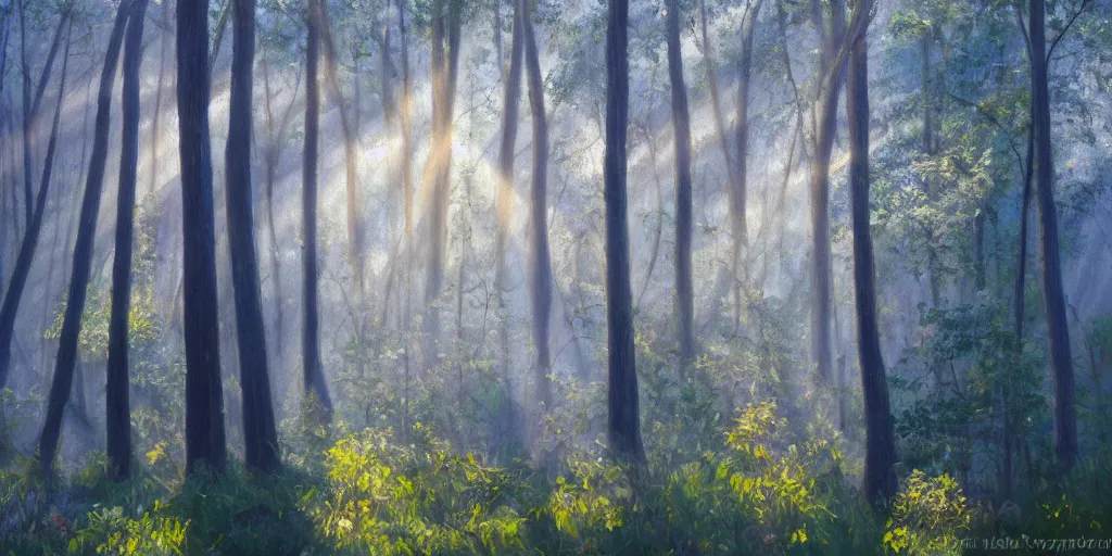 Image similar to An oil painting of an intensely beautiful forest in the morning; rays of light coming through the canopy