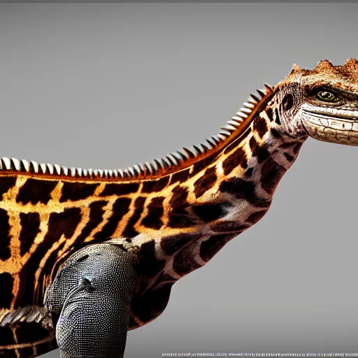 Prompt: national geographic photograph of a species that looks like a cross between a iguana and a giraffe, photorealistic, natural lighting, trending on artstation