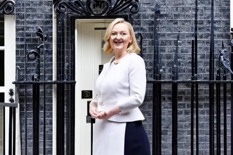Prompt: Liz Truss outside Number 10 Downing Street as Prime Minister on TV