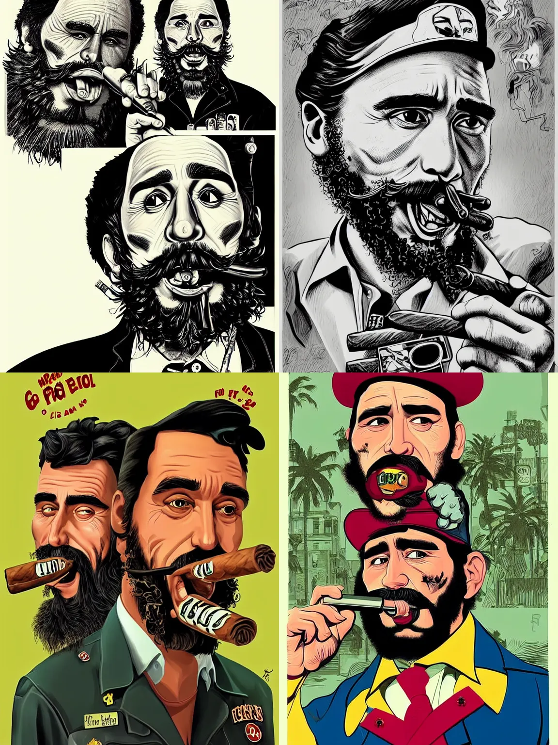 Prompt: james franco as fidel castro smoking a large cigar, lowbrow, pop surrealism art style, contemporary art illustration, intricate 8 k detail, in the style of big daddy roth artwork, grand theft auto character design aesthetic, great finesse organic hyper detailed