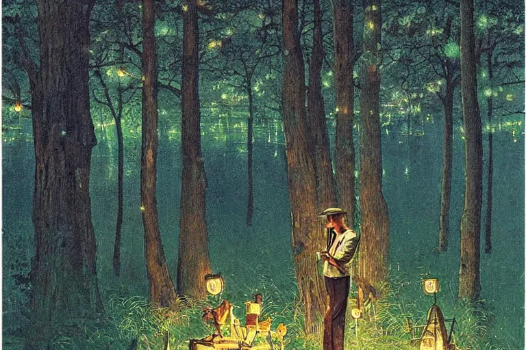 Image similar to a scenic view of a ethereal man in the middle of a magical forest with glow-worm lights near a lake, detailed, cinematic, dramatic scene, retro illustration by Norman Rockwell.