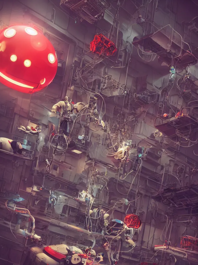 Image similar to graphic art of dystopian futuristic 1 0 mechanic surgeons in space suits, operate on a huge mickeymouse! severedhead!!!! held by a crane. ominous glowing red netflix!!! sign in the background, trending on art station, beeple!!, clean concept art, smooth, octane render