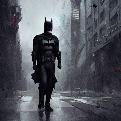 Image similar to Batman wearing techwear, high quality, digital art, dire cyberpunk city, gray sky, greg rutkowski