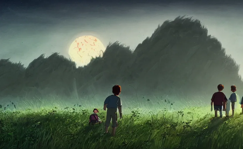 Image similar to highly detailed cell - shaded cartoon landscape with two boys looking at a miniature alien creature 1 9 7 0 s science fiction, moody, misty, depth perception, 4 k, artstation, in the style of studio ghibli