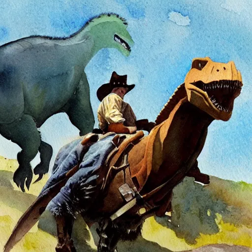 Image similar to a watercolor painting of a cowboy riding a dinosaur in the style of n. c. wyeth and in the style of james gurney.