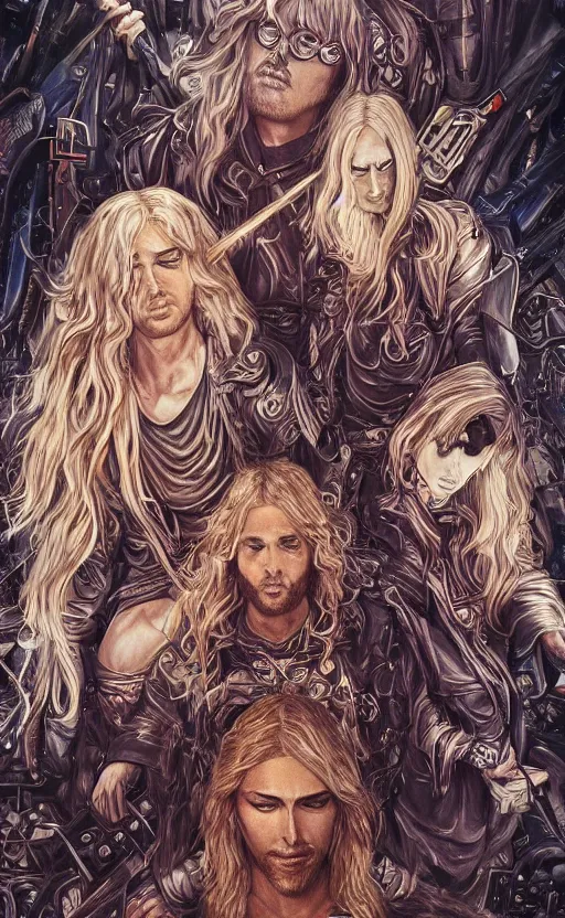 Prompt: Blond Jesus on Metal Band Cover, by Ayami Kojima, studio ghibli, cinematic lighting, intricate, highly detailed, digital painting, trending on artstation, Illustration, epic scale