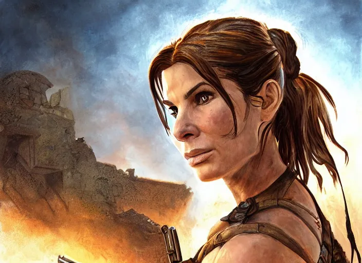 Image similar to face portrait of concentrated young Sandra Bullock as Lara Croft with pig-tails entering an incredible epic ruin, glorious sun beams, intricate, elegant, highly detailed, digital painting, short focus, illustration, Allan Lee, John Howe