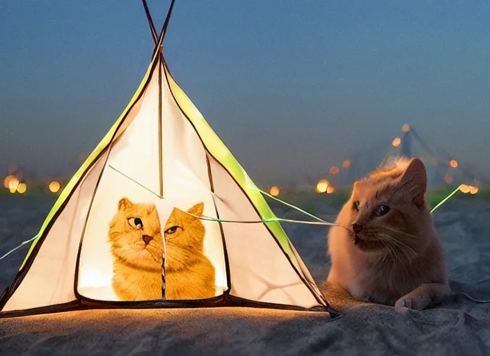 Image similar to geometric cat shaped burning man canvas tent, internally illuminated