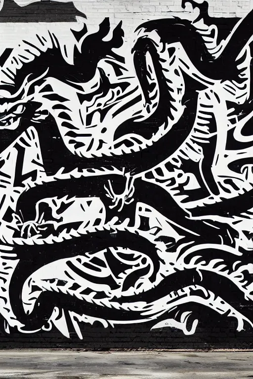 Prompt: a dragon formed by highly stylized letters, font design, wildstyle graffiti, black font on a white wall, beautiful render, stunning, 8 k, basquiat, complex pattern, sharp design, wow, cant believe it is real, street photo