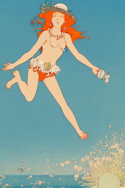 Prompt: A girl in a white lacy bikini and white sun hat and Holding a heart-shaped lifebuoy, jumping for joy,long orange hair floating on air ,Waves and splashes,beach ,Smooth visual lines,graphic Design by mucha and studio ghibli