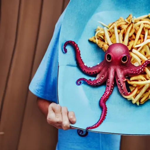 Image similar to octopus made of steel eating fastfood, 5 5 mm