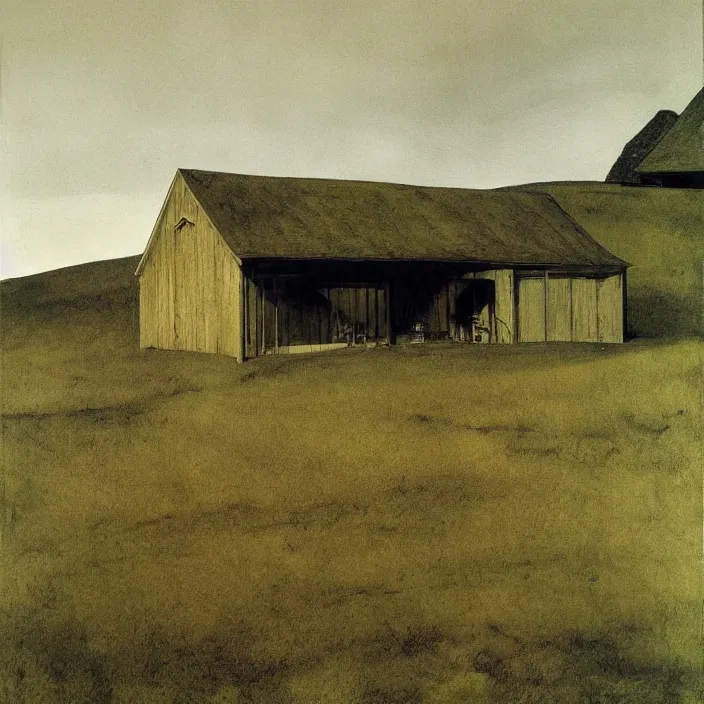 Prompt: a building in a landscape, by andrew wyeth