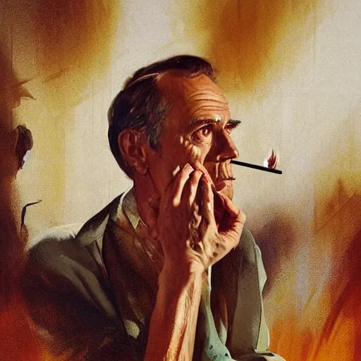 Image similar to a highly detailed epic cinematic concept art CG render digital painting artwork costume design: Henry Fonda as a 1950s tired disillusioned poet, barefoot, smoking a cigarette. volumetric lighting. By Greg Rutkowski, in the style of Francis Bacon and Syd Mead and Norman Rockwell and Beksinski, open ceiling, highly detailed, painted by Francis Bacon and Edward Hopper, painted by James Gilleard, surrealism, airbrush, Ilya Kuvshinov, WLOP, Stanley Artgerm, very coherent, triadic color scheme, realistic facial expression, art by Takato Yamamoto and James Jean