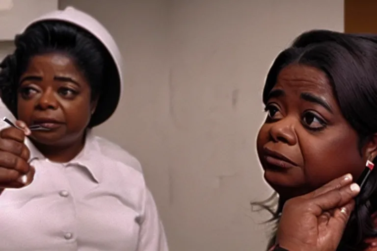 Image similar to screenshot of close up of octavia spencer removes a small hearing device with tweezers from her left ear, iconic scene from the paranoid sci fi thriller film directed by stanley kubrick, apartment set in the near future, cinematic shot with anamorphic lenses, color theory, apartment design, leading lines, photorealistic, volumetric lighting