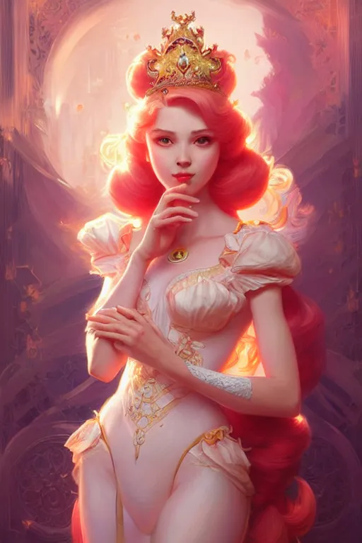 Image similar to Princess Peach, fantasy, intricate, elegant, highly detailed, digital painting, artstation, concept art, matte, sharp focus, illustration, art by Artgerm and Greg Rutkowski and Alphonse Mucha