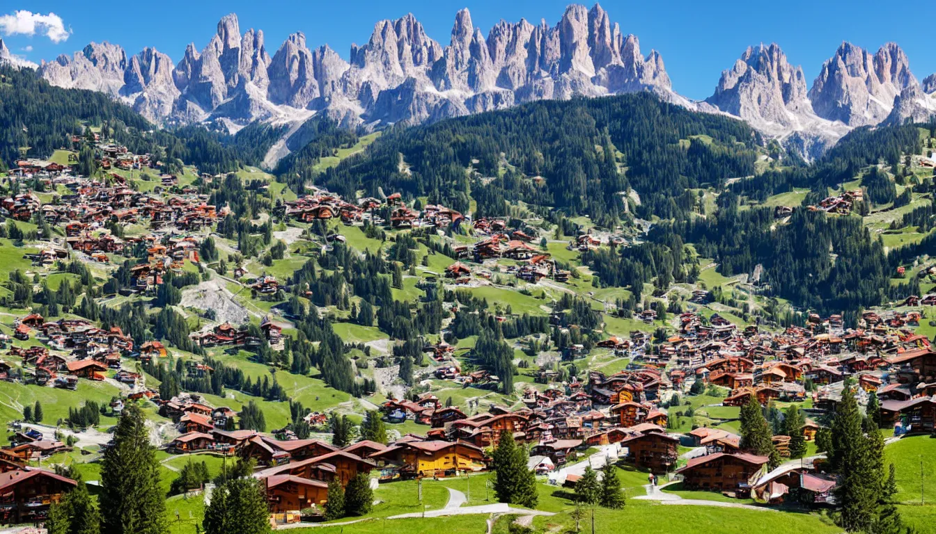Prompt: american city in the dolomites mountains