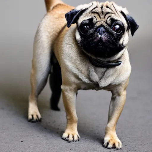 Image similar to a pug with human legs, photo