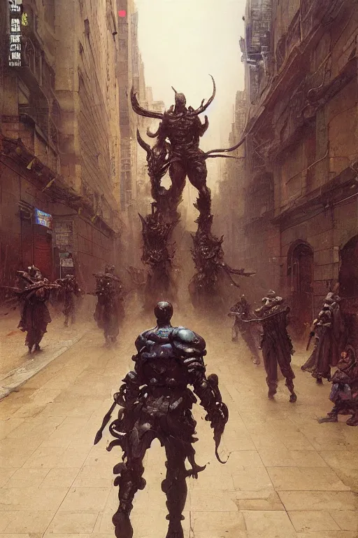 Image similar to a soldier on city street accompanies huge bipedal hell demon with bulbous torso wearing armour, painted by ruan jia, raymond swanland, lawrence alma tadema, zdzislaw beksinski, norman rockwell, jack kirby, tom lovell, alex malveda, greg staples