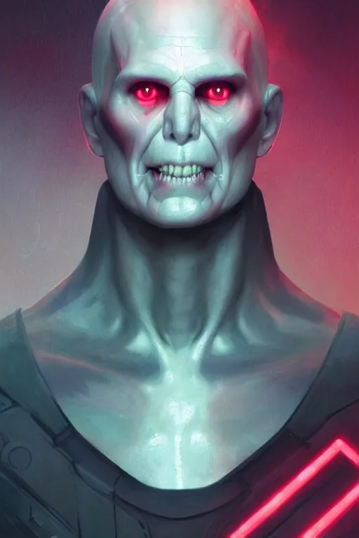 Image similar to cyborg Lord Voldemort without nose in cyberpunk, neon lighting, digital art from artstation by Ruan Jia and Mandy Jurgens and Artgerm and william-adolphe bouguereau and Greg Rutkowski and Wayne Barlowe