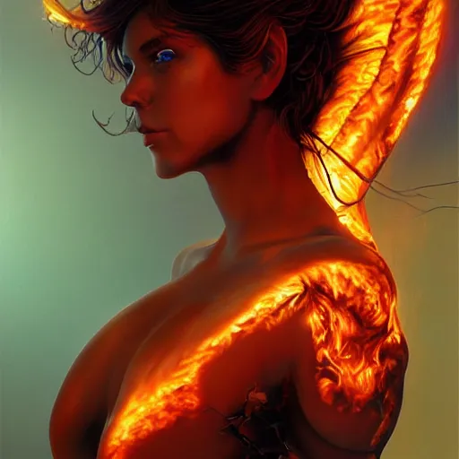 Prompt: A stunning portrait of a goddess, her body made of flames, by Jim Burns, 8K UHD, intricate, fantasy, Trending on artstation.